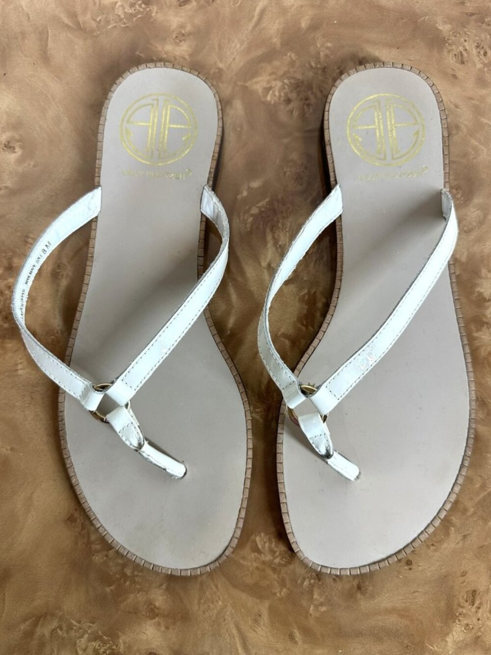 Lilly Pulitzer McKim Resort White Leather Thong Sandals Gold Ring Size 8M